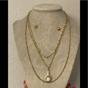 18k Gold Filled Multi-Layered Mother of Pearl Necklace and Earring Set- New